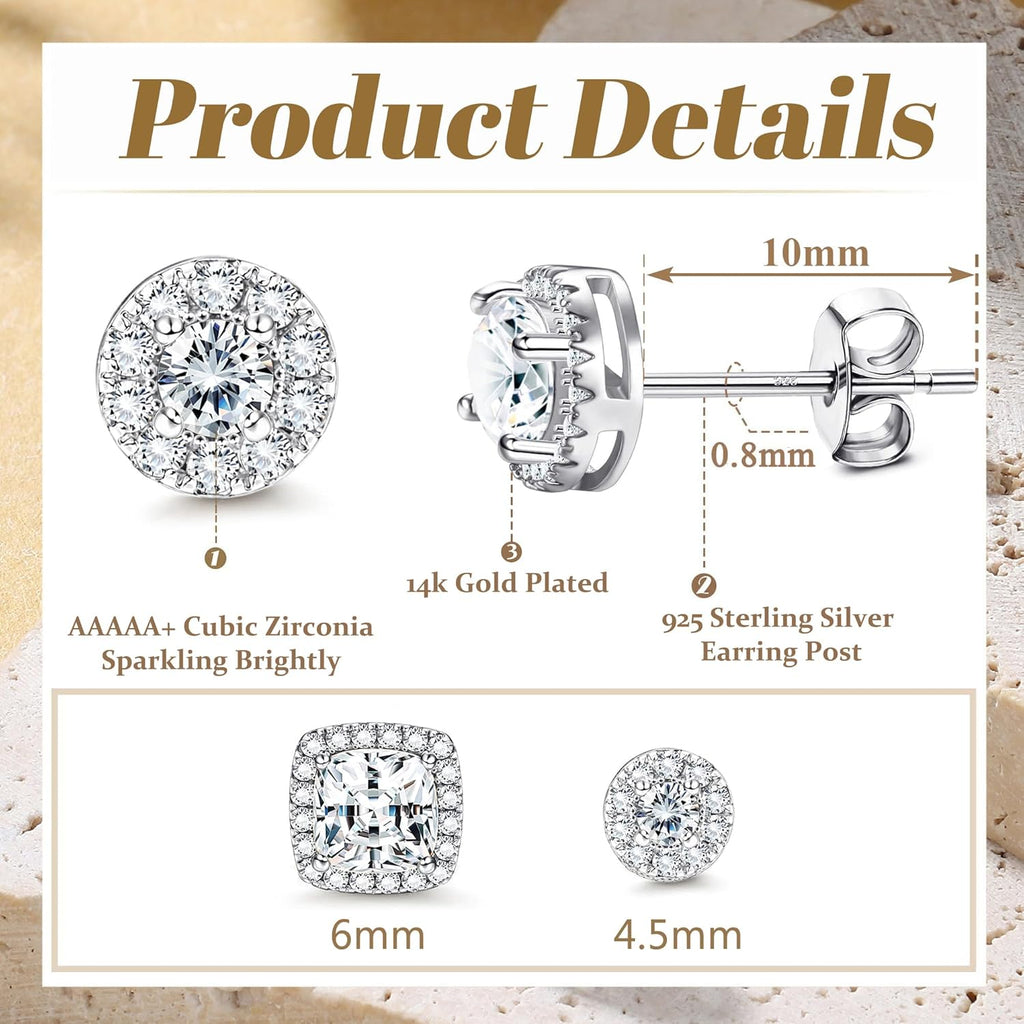 Hayoso 18K Gold Plated Halo Stud Earrings 925 Sterling Silver Cubic Zirconia Stud Earrings Round Square Diamonique Stud Earrings Set for Women Men