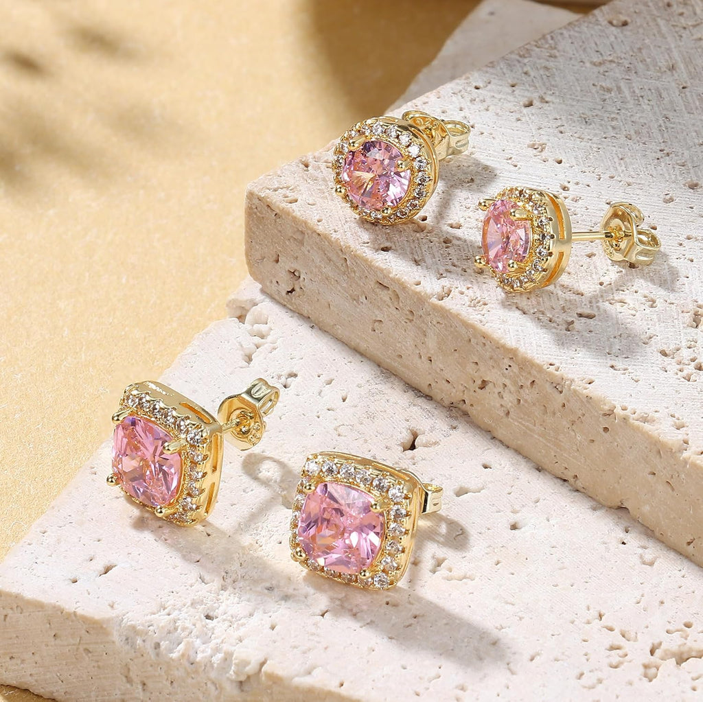 Hayoso 18K Gold Plated Halo Stud Earrings 925 Sterling Silver Cubic Zirconia Stud Earrings Round Square Diamonique Stud Earrings Set for Women Men
