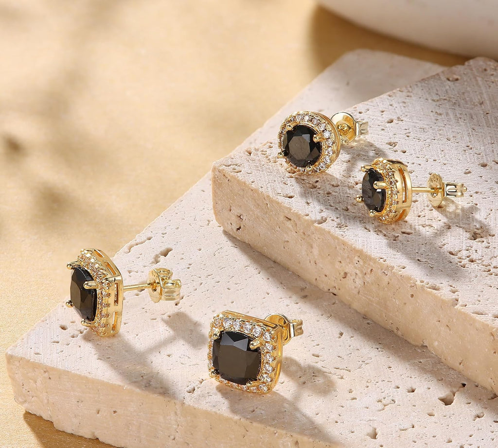 Hayoso 18K Gold Plated Halo Stud Earrings 925 Sterling Silver Cubic Zirconia Stud Earrings Round Square Diamonique Stud Earrings Set for Women Men
