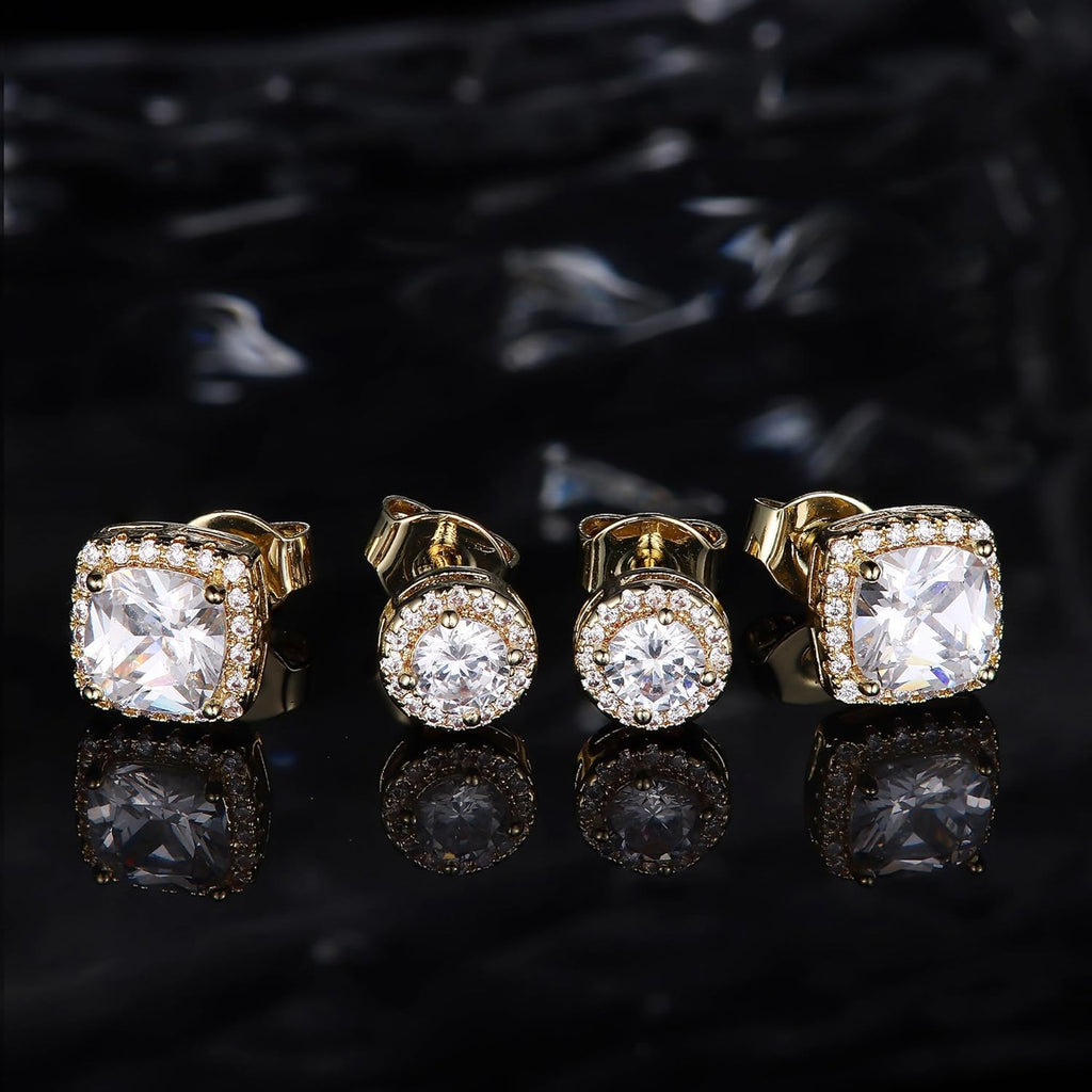Hayoso 18K Gold Plated Halo Stud Earrings 925 Sterling Silver Cubic Zirconia Stud Earrings Round Square Diamonique Stud Earrings Set for Women Men