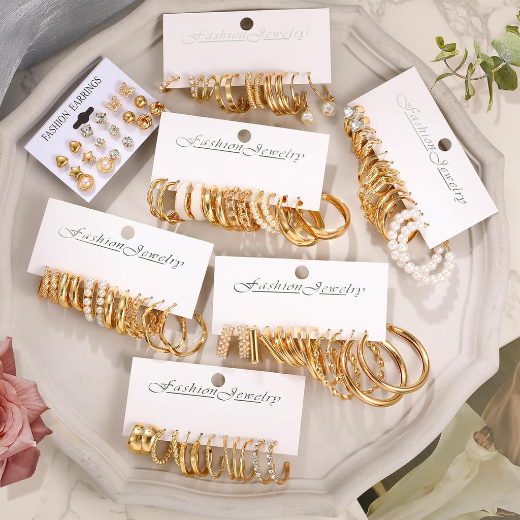 42 Pairs Gold Hoop Earrings Set for Women, Fashion Chunky Pearl Earrings Multipack Twisted Statement Earring Pack, Hypoallergenic Small Big Hoops Earrings for Birthday Party