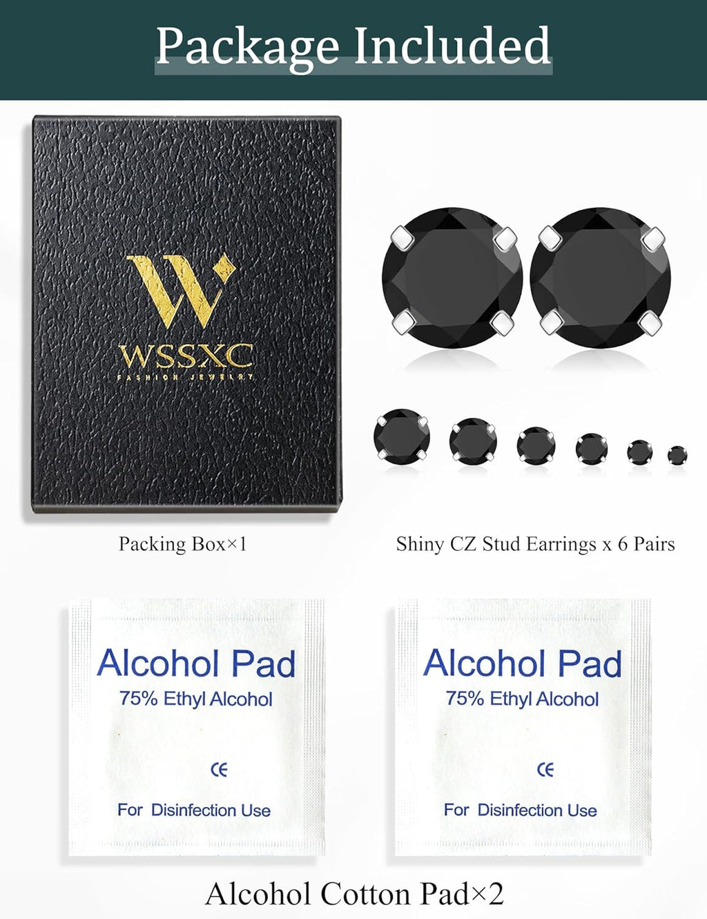 6 Pairs Stud Earrings Set, Hypoallergenic Cubic Zirconia 316L Earrings Stainless Steel CZ Earrings 3-8mm (Steel color)