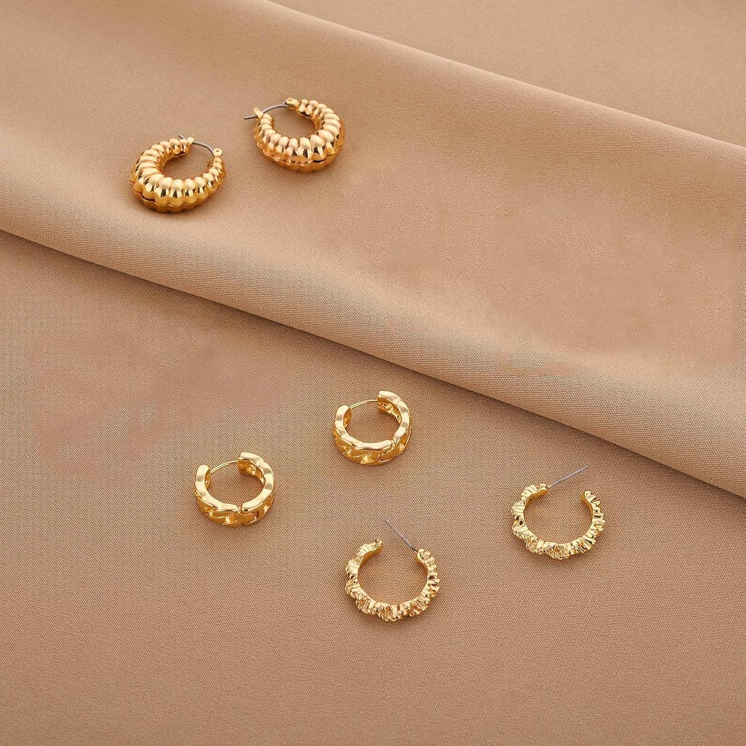 Gold Chunky Hoop Earrings Set for Women, 14K Gold Plated Twisted Huggie Hoop Earring Hypoallergenic, Thick Open Hoops Set Lightweight