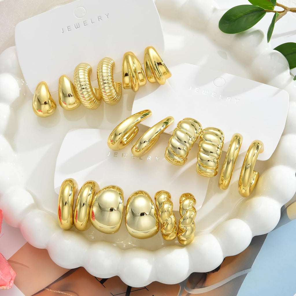 42 Pairs Gold Hoop Earrings Set for Women, Fashion Chunky Pearl Earrings Multipack Twisted Statement Earring Pack, Hypoallergenic Small Big Hoops Earrings for Birthday Party