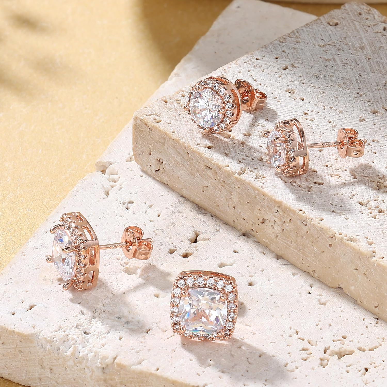 Hayoso 18K Gold Plated Halo Stud Earrings 925 Sterling Silver Cubic Zirconia Stud Earrings Round Square Diamonique Stud Earrings Set for Women Men