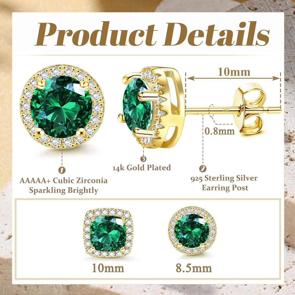 Hayoso 18K Gold Plated Halo Stud Earrings 925 Sterling Silver Cubic Zirconia Stud Earrings Round Square Diamonique Stud Earrings Set for Women Men