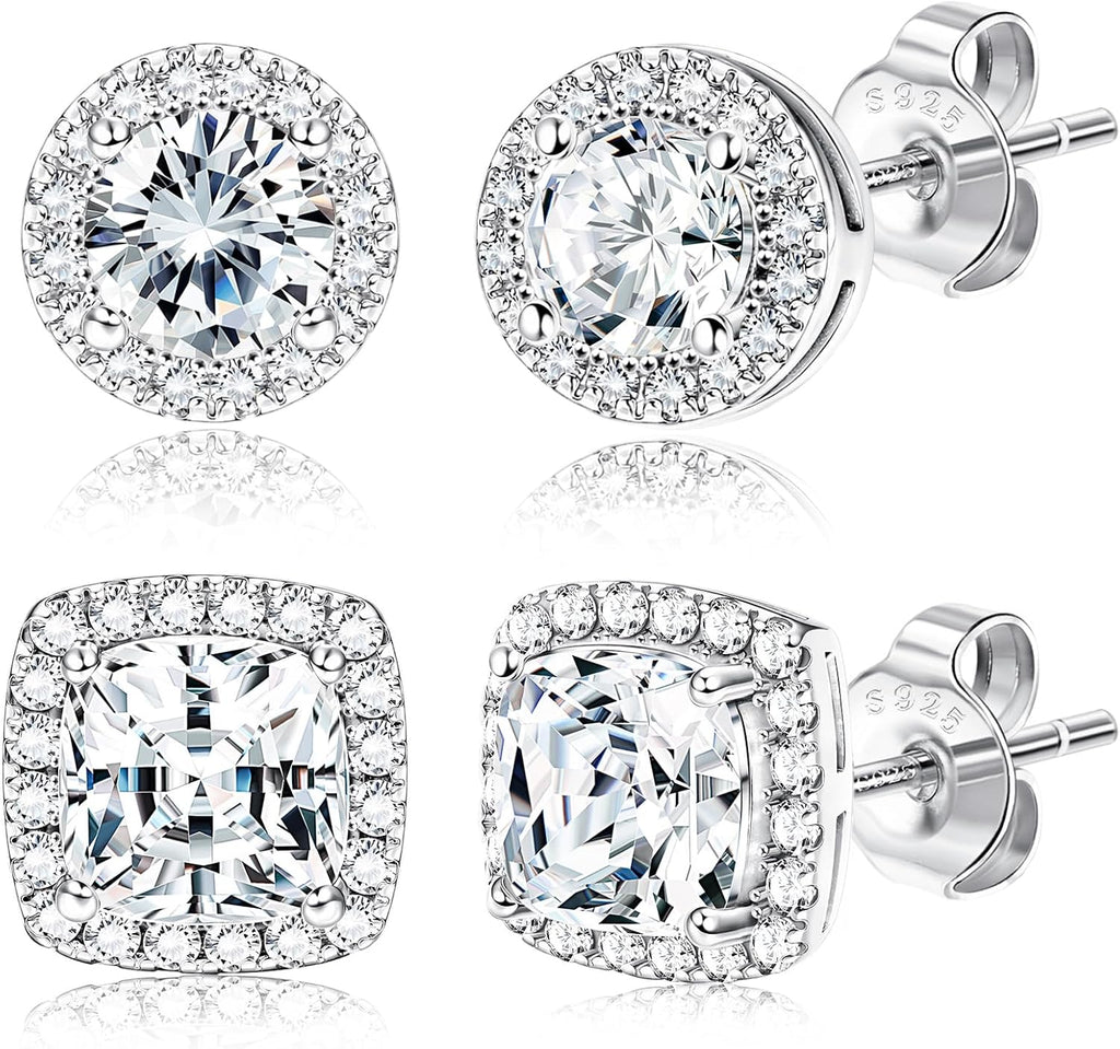 Hayoso 18K Gold Plated Halo Stud Earrings 925 Sterling Silver Cubic Zirconia Stud Earrings Round Square Diamonique Stud Earrings Set for Women Men