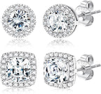 Hayoso 18K Gold Plated Halo Stud Earrings 925 Sterling Silver Cubic Zirconia Stud Earrings Round Square Diamonique Stud Earrings Set for Women Men