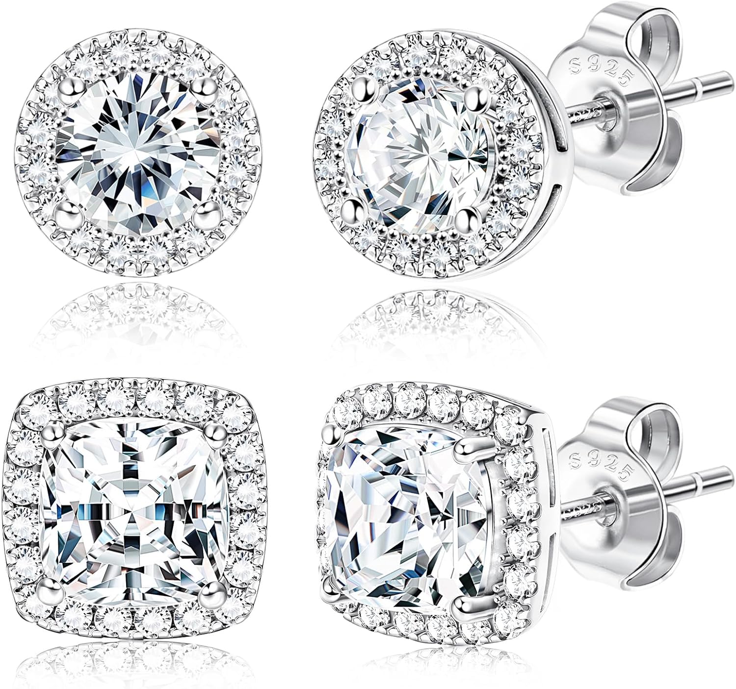 Hayoso 18K Gold Plated Halo Stud Earrings 925 Sterling Silver Cubic Zirconia Stud Earrings Round Square Diamonique Stud Earrings Set for Women Men