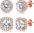 Hayoso 18K Gold Plated Halo Stud Earrings 925 Sterling Silver Cubic Zirconia Stud Earrings Round Square Diamonique Stud Earrings Set for Women Men
