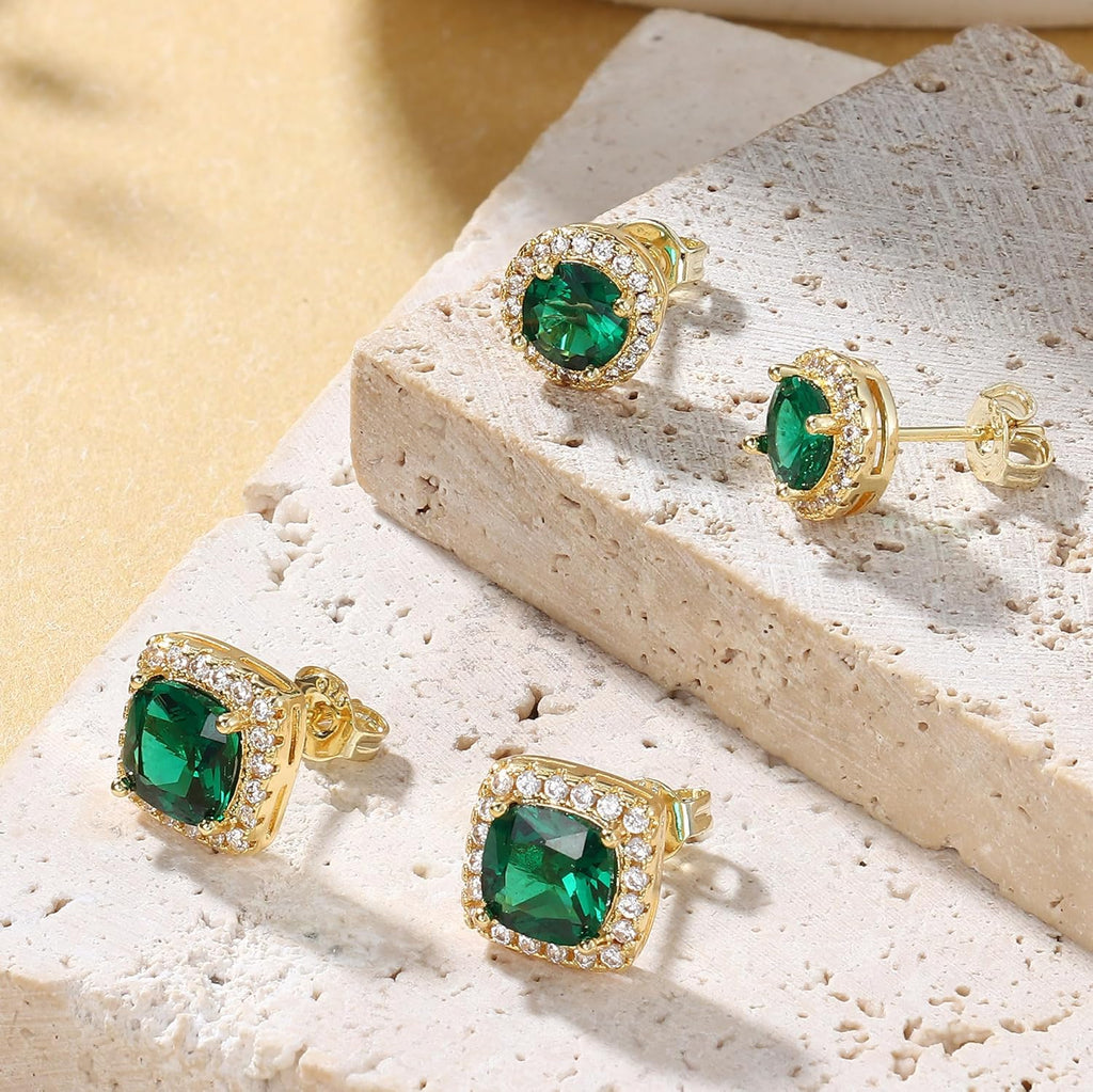 Hayoso 18K Gold Plated Halo Stud Earrings 925 Sterling Silver Cubic Zirconia Stud Earrings Round Square Diamonique Stud Earrings Set for Women Men