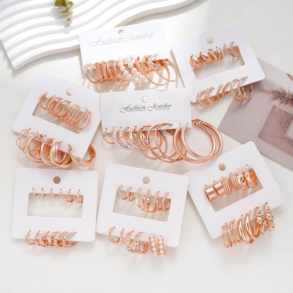42 Pairs Gold Hoop Earrings Set for Women, Fashion Chunky Pearl Earrings Multipack Twisted Statement Earring Pack, Hypoallergenic Small Big Hoops Earrings for Birthday Party