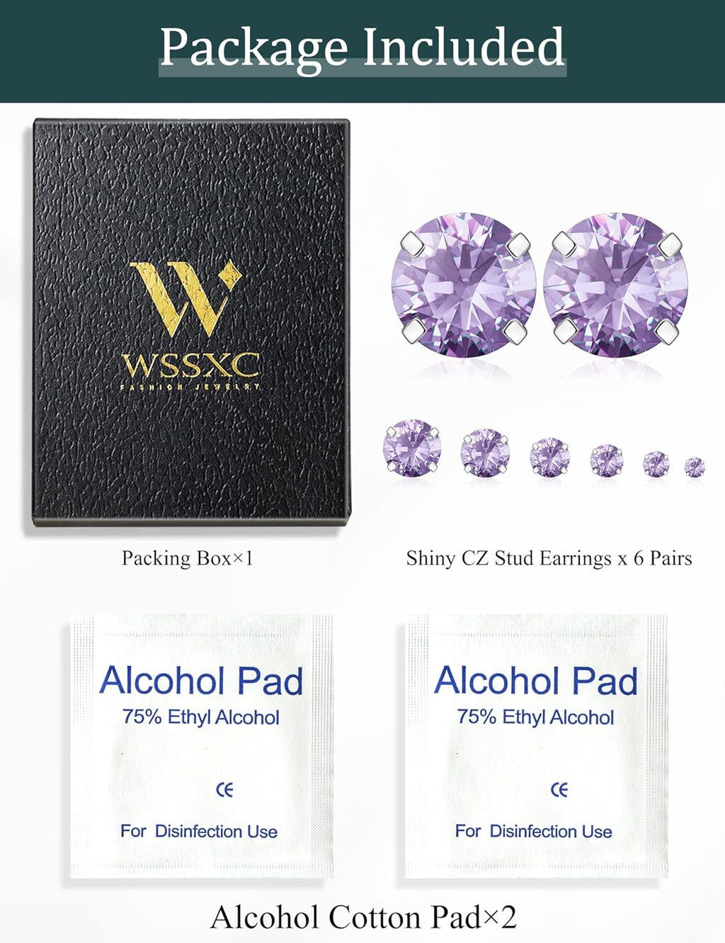 6 Pairs Stud Earrings Set, Hypoallergenic Cubic Zirconia 316L Earrings Stainless Steel CZ Earrings 3-8mm (Steel color)