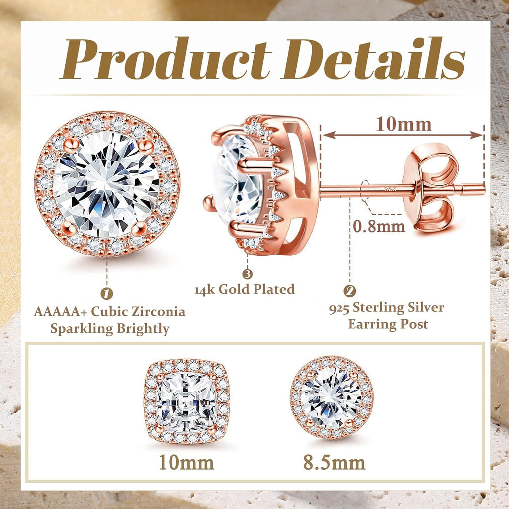 Hayoso 18K Gold Plated Halo Stud Earrings 925 Sterling Silver Cubic Zirconia Stud Earrings Round Square Diamonique Stud Earrings Set for Women Men