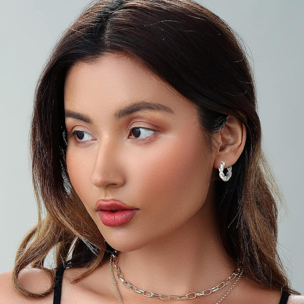 Gold Chunky Hoop Earrings Set for Women, 14K Gold Plated Twisted Huggie Hoop Earring Hypoallergenic, Thick Open Hoops Set Lightweight