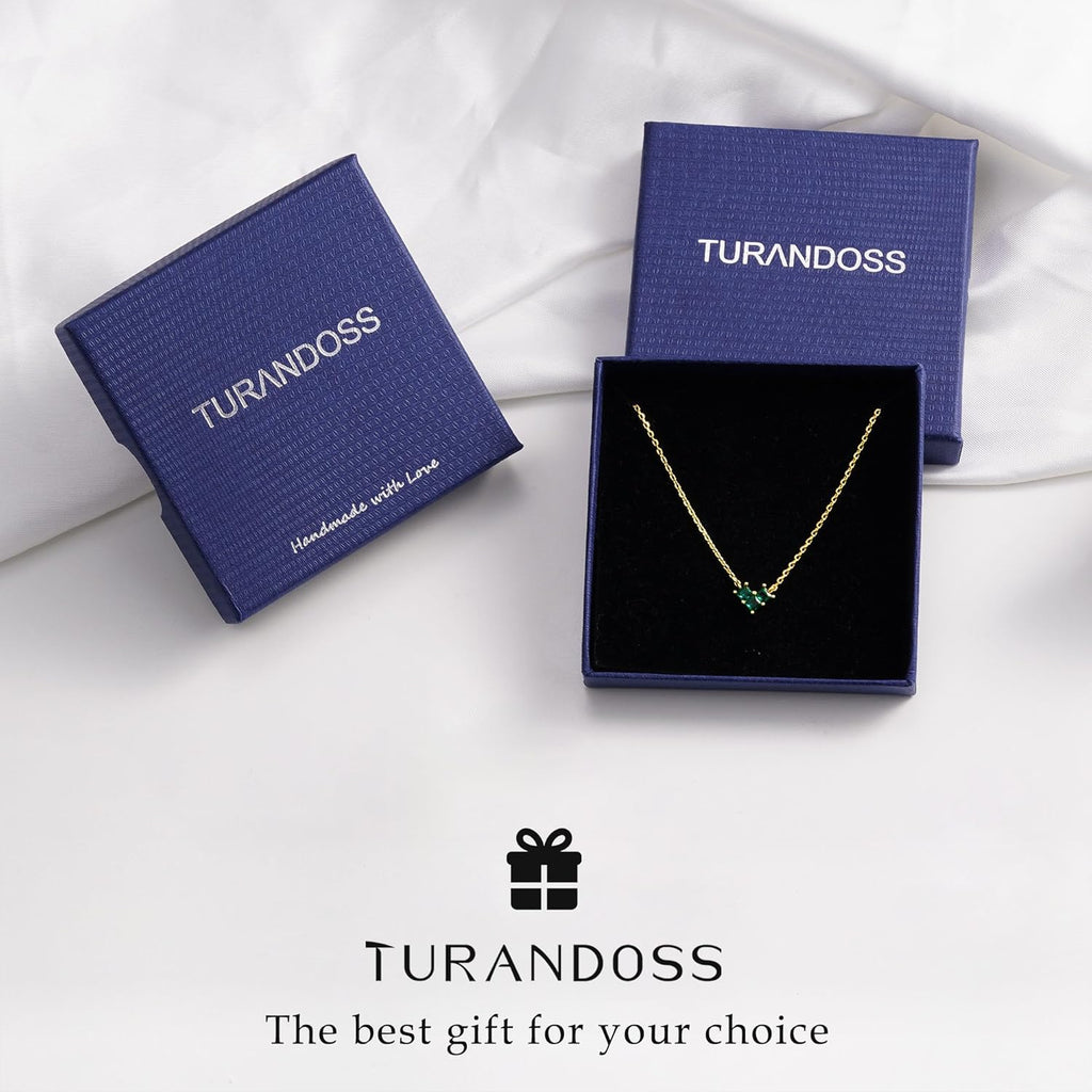 Turandoss Birthstone Necklaces for Women - Created 14K Gold Plated Blue Green Emerald Pendent Necklaces for Women Teen Girls 12 Month Dainty Heart Birthstone Jewelry Birthday Gifts