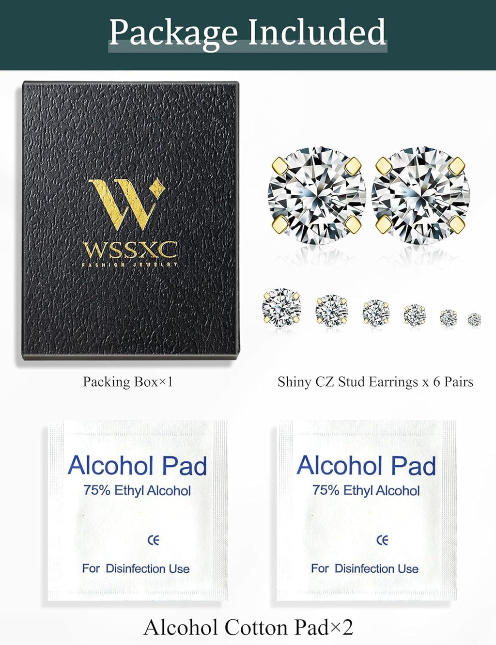 6 Pairs Stud Earrings Set, Hypoallergenic Cubic Zirconia 316L Earrings Stainless Steel CZ Earrings 3-8mm (Steel color)