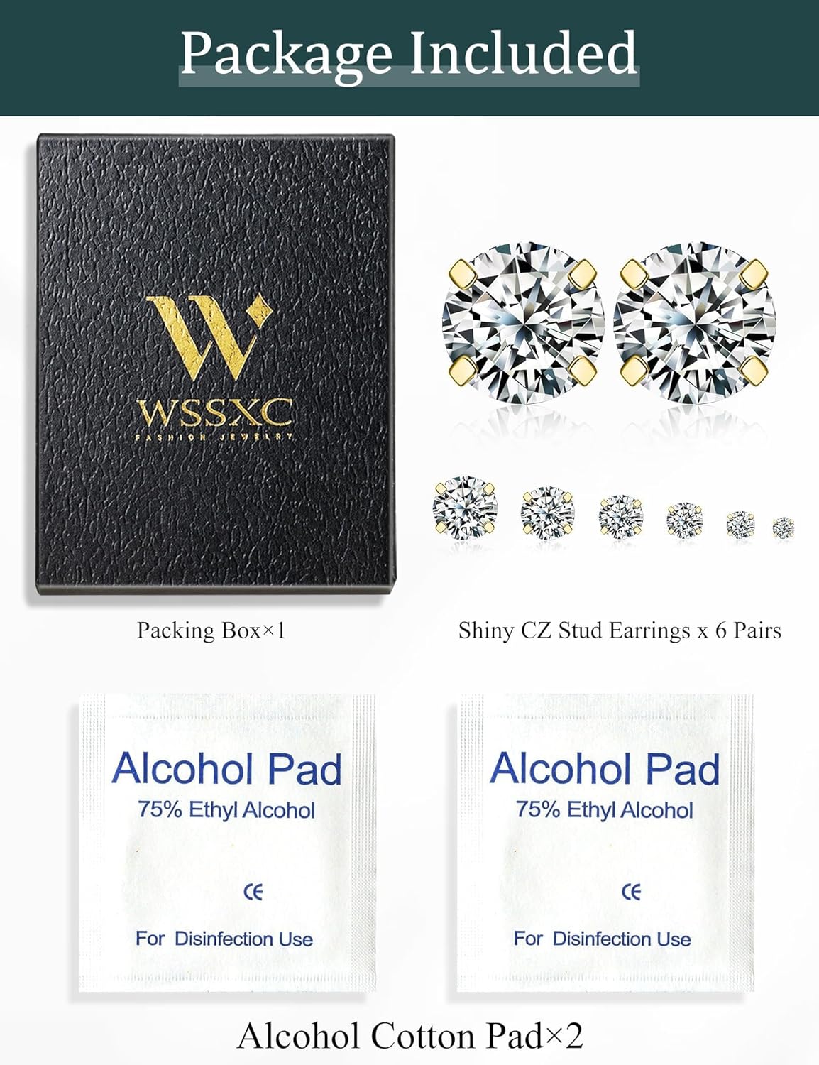 6 Pairs Stud Earrings Set, Hypoallergenic Cubic Zirconia 316L Earrings Stainless Steel CZ Earrings 3-8mm (Steel color)