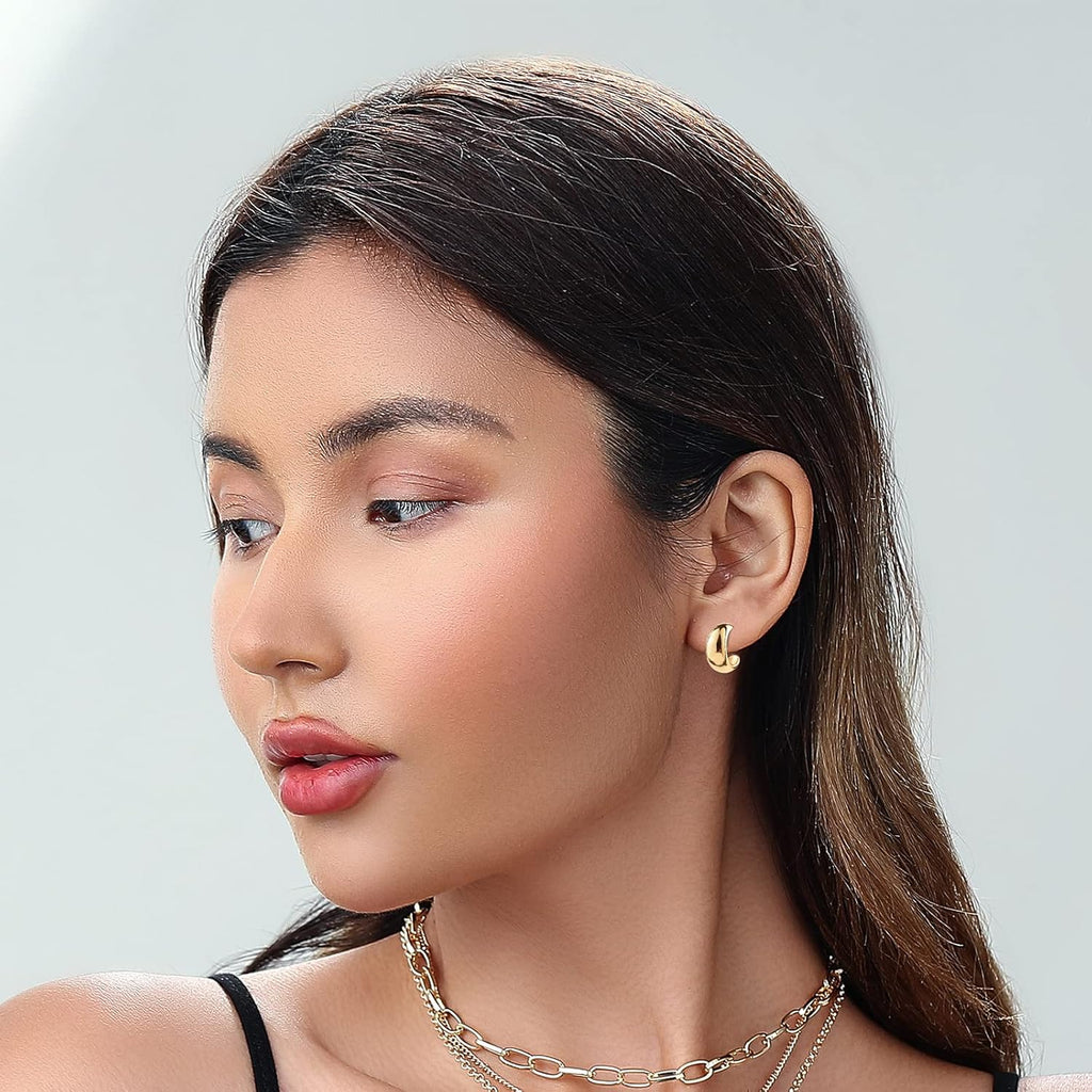 Gold Chunky Hoop Earrings Set for Women, 14K Gold Plated Twisted Huggie Hoop Earring Hypoallergenic, Thick Open Hoops Set Lightweight