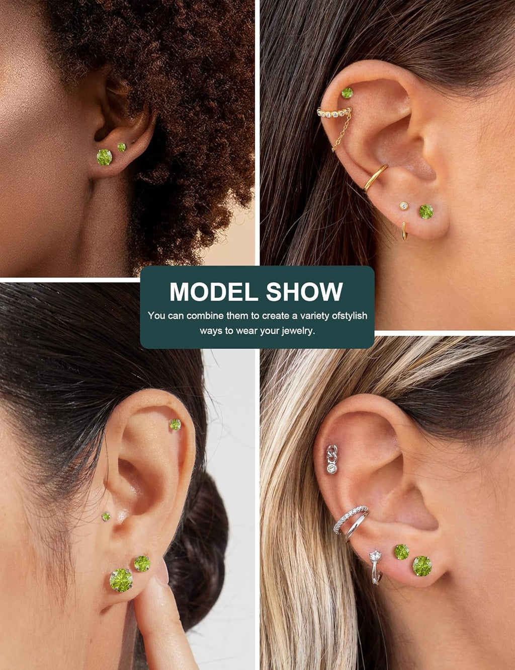 6 Pairs Stud Earrings Set, Hypoallergenic Cubic Zirconia 316L Earrings Stainless Steel CZ Earrings 3-8mm (Steel color)