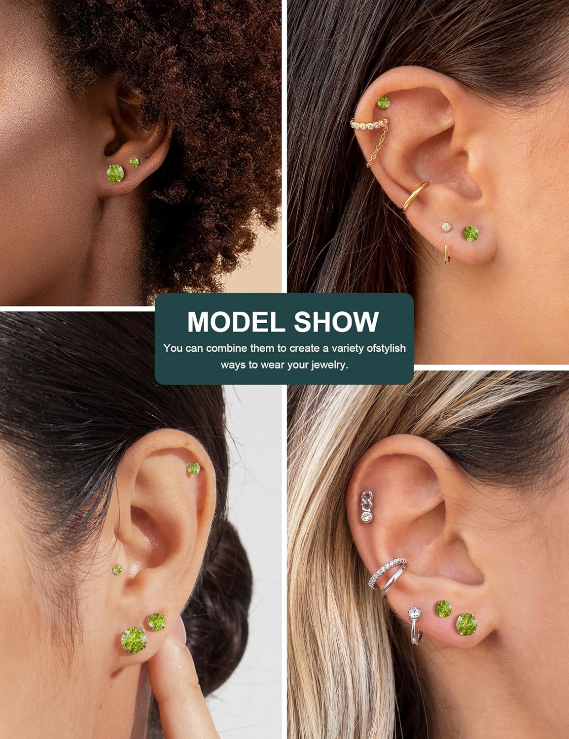 6 Pairs Stud Earrings Set, Hypoallergenic Cubic Zirconia 316L Earrings Stainless Steel CZ Earrings 3-8mm (Steel color)