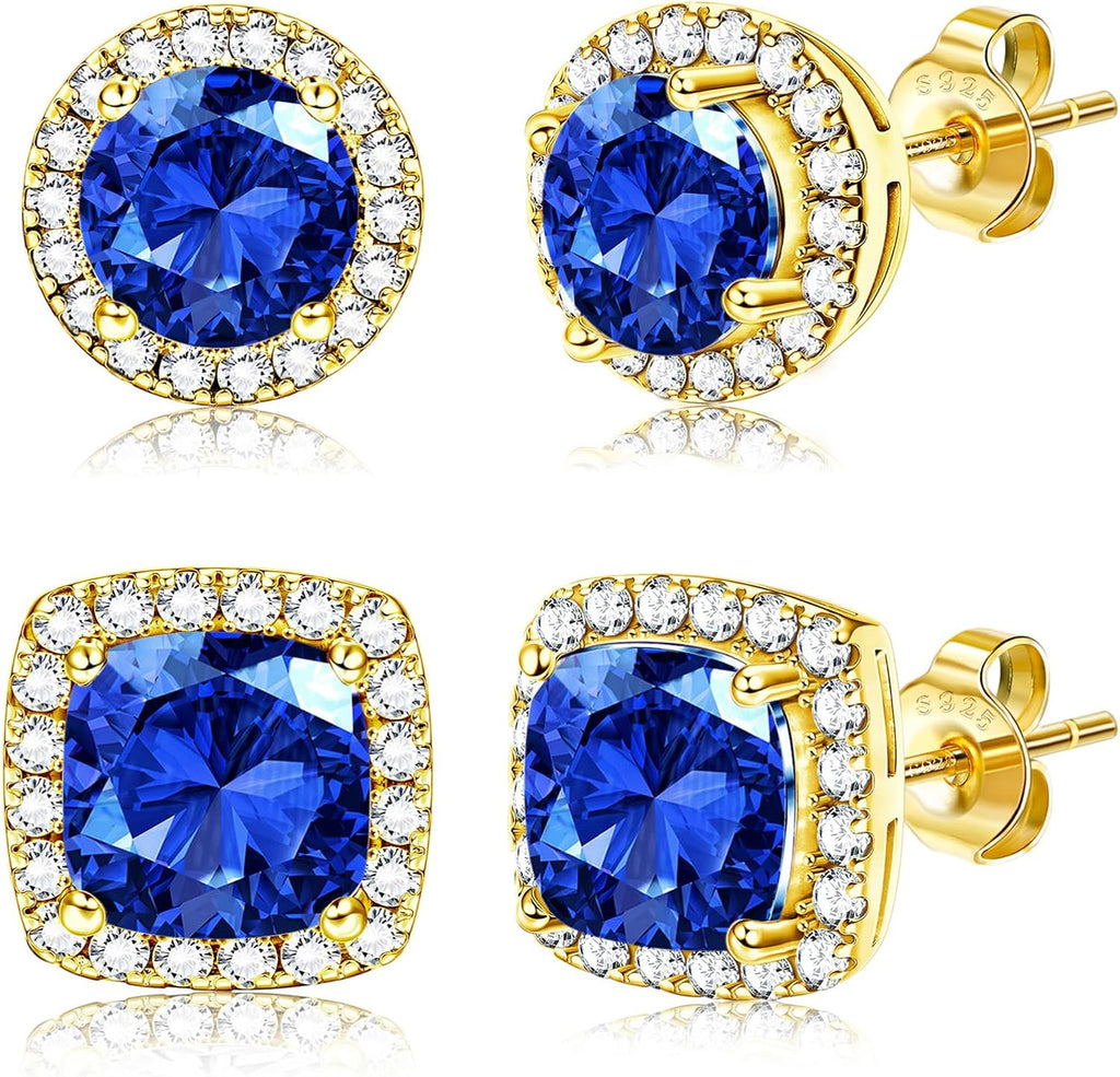 Hayoso 18K Gold Plated Halo Stud Earrings 925 Sterling Silver Cubic Zirconia Stud Earrings Round Square Diamonique Stud Earrings Set for Women Men