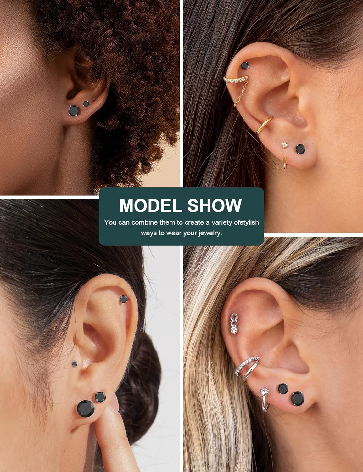 6 Pairs Stud Earrings Set, Hypoallergenic Cubic Zirconia 316L Earrings Stainless Steel CZ Earrings 3-8mm (Steel color)