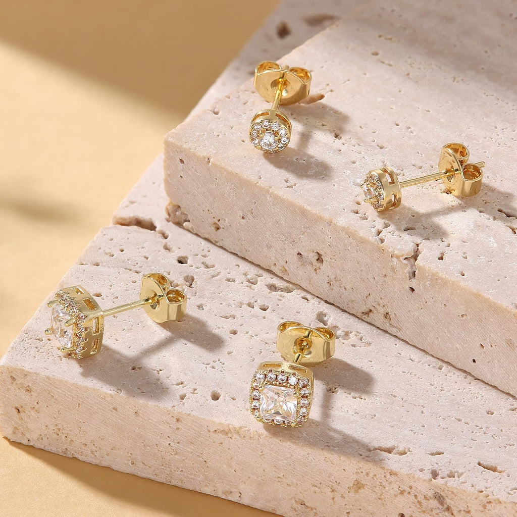 Hayoso 18K Gold Plated Halo Stud Earrings 925 Sterling Silver Cubic Zirconia Stud Earrings Round Square Diamonique Stud Earrings Set for Women Men
