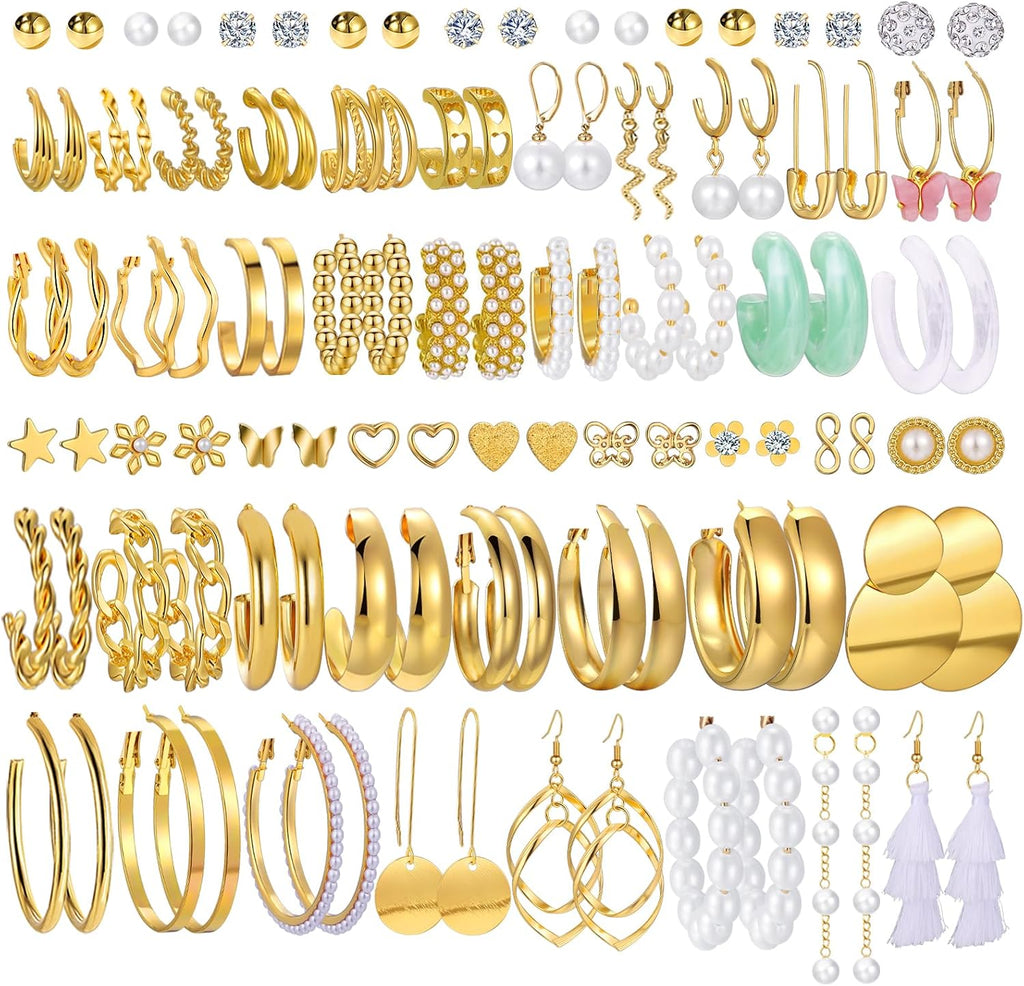 42 Pairs Gold Hoop Earrings Set for Women, Fashion Chunky Pearl Earrings Multipack Twisted Statement Earring Pack, Hypoallergenic Small Big Hoops Earrings for Birthday Party