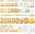 42 Pairs Gold Hoop Earrings Set for Women, Fashion Chunky Pearl Earrings Multipack Twisted Statement Earring Pack, Hypoallergenic Small Big Hoops Earrings for Birthday Party