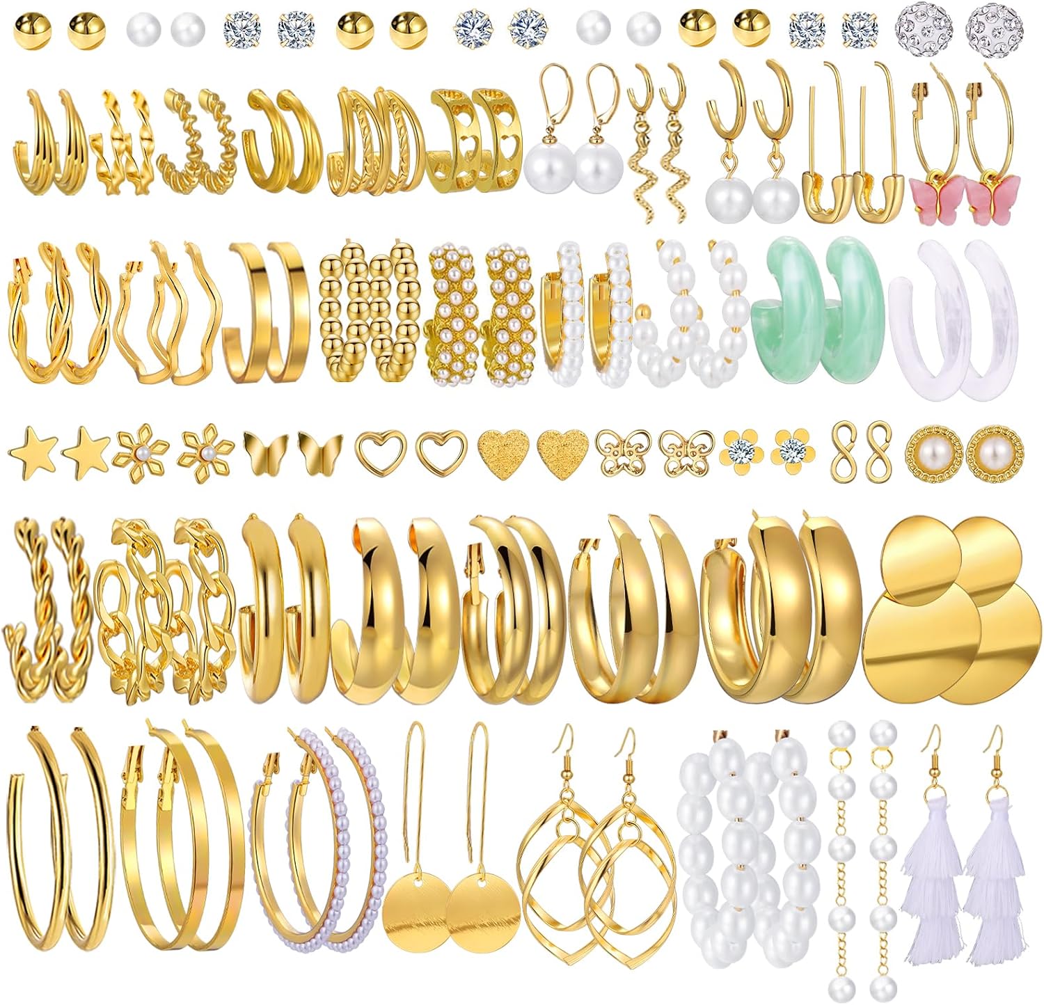 42 Pairs Gold Hoop Earrings Set for Women, Fashion Chunky Pearl Earrings Multipack Twisted Statement Earring Pack, Hypoallergenic Small Big Hoops Earrings for Birthday Party