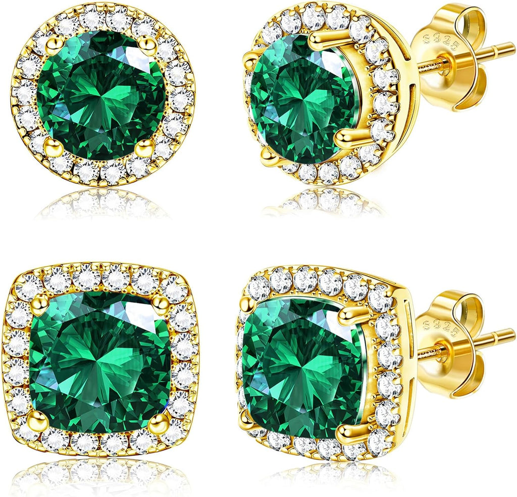 Hayoso 18K Gold Plated Halo Stud Earrings 925 Sterling Silver Cubic Zirconia Stud Earrings Round Square Diamonique Stud Earrings Set for Women Men