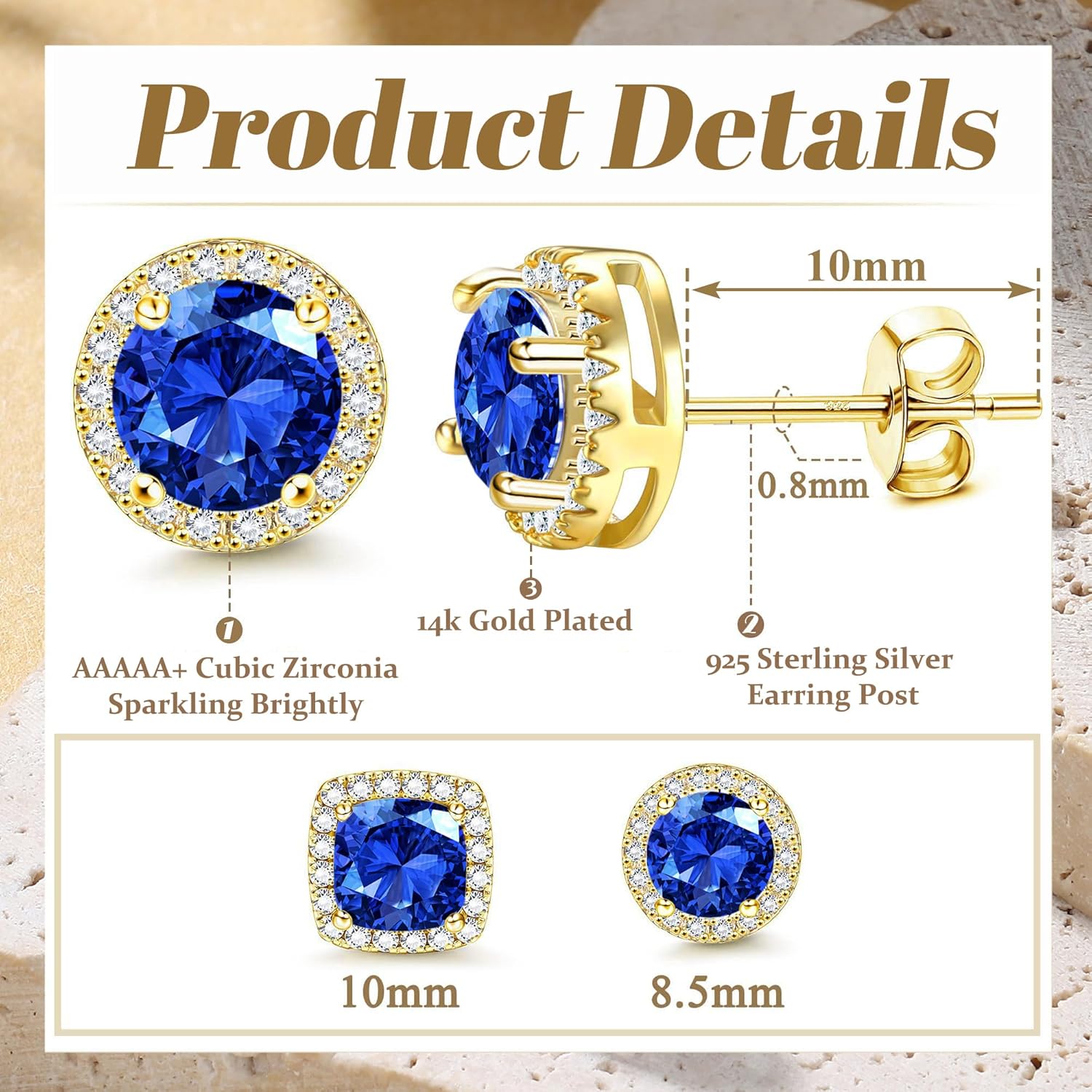 Hayoso 18K Gold Plated Halo Stud Earrings 925 Sterling Silver Cubic Zirconia Stud Earrings Round Square Diamonique Stud Earrings Set for Women Men