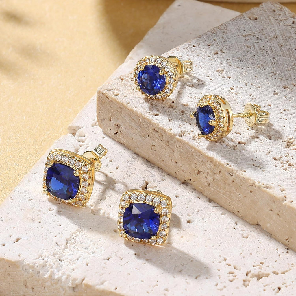 Hayoso 18K Gold Plated Halo Stud Earrings 925 Sterling Silver Cubic Zirconia Stud Earrings Round Square Diamonique Stud Earrings Set for Women Men