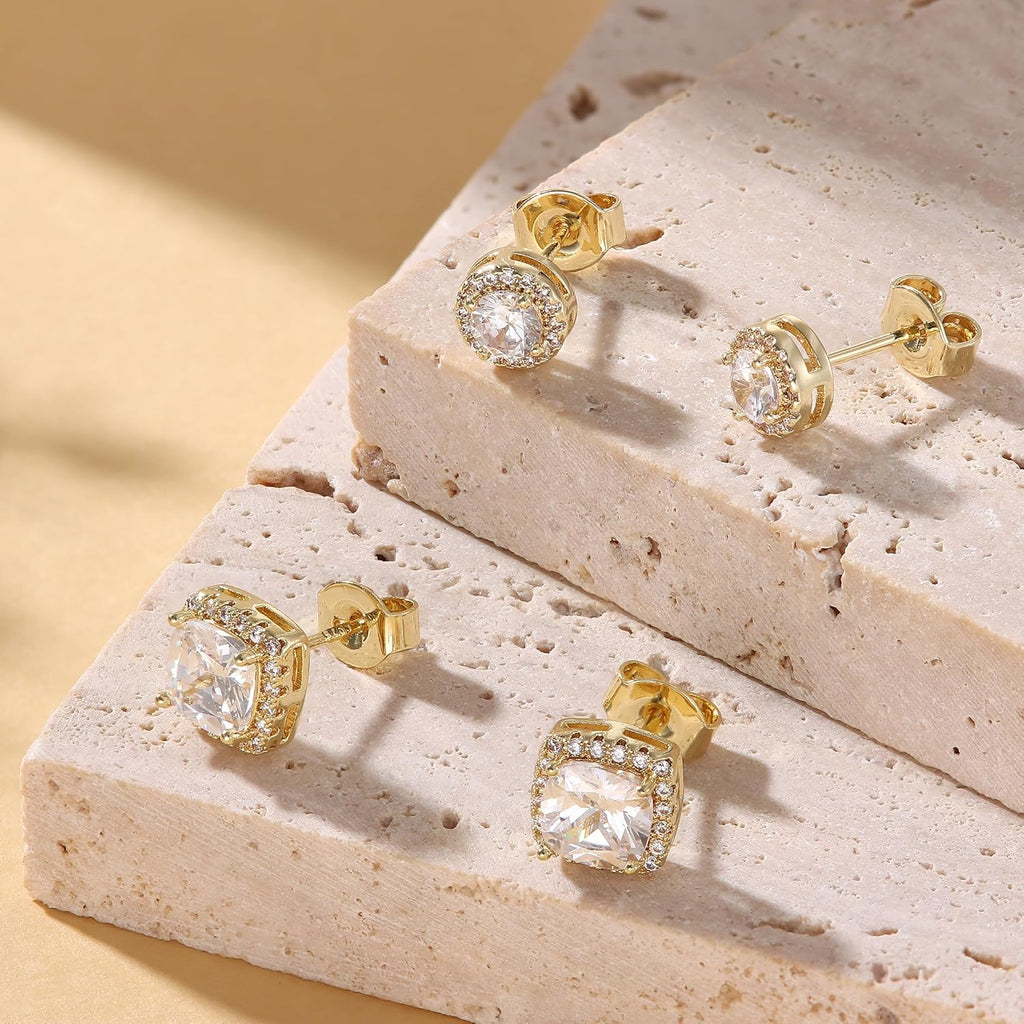 Hayoso 18K Gold Plated Halo Stud Earrings 925 Sterling Silver Cubic Zirconia Stud Earrings Round Square Diamonique Stud Earrings Set for Women Men