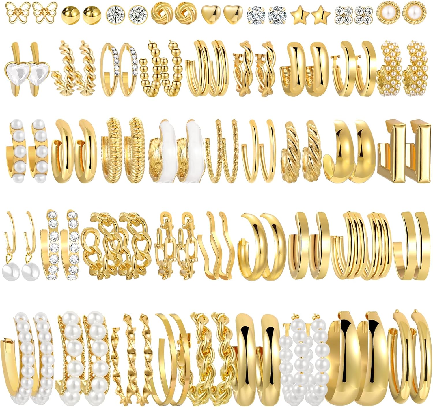 42 Pairs Gold Hoop Earrings Set for Women, Fashion Chunky Pearl Earrings Multipack Twisted Statement Earring Pack, Hypoallergenic Small Big Hoops Earrings for Birthday Party