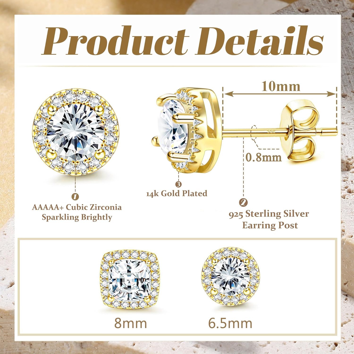 Hayoso 18K Gold Plated Halo Stud Earrings 925 Sterling Silver Cubic Zirconia Stud Earrings Round Square Diamonique Stud Earrings Set for Women Men