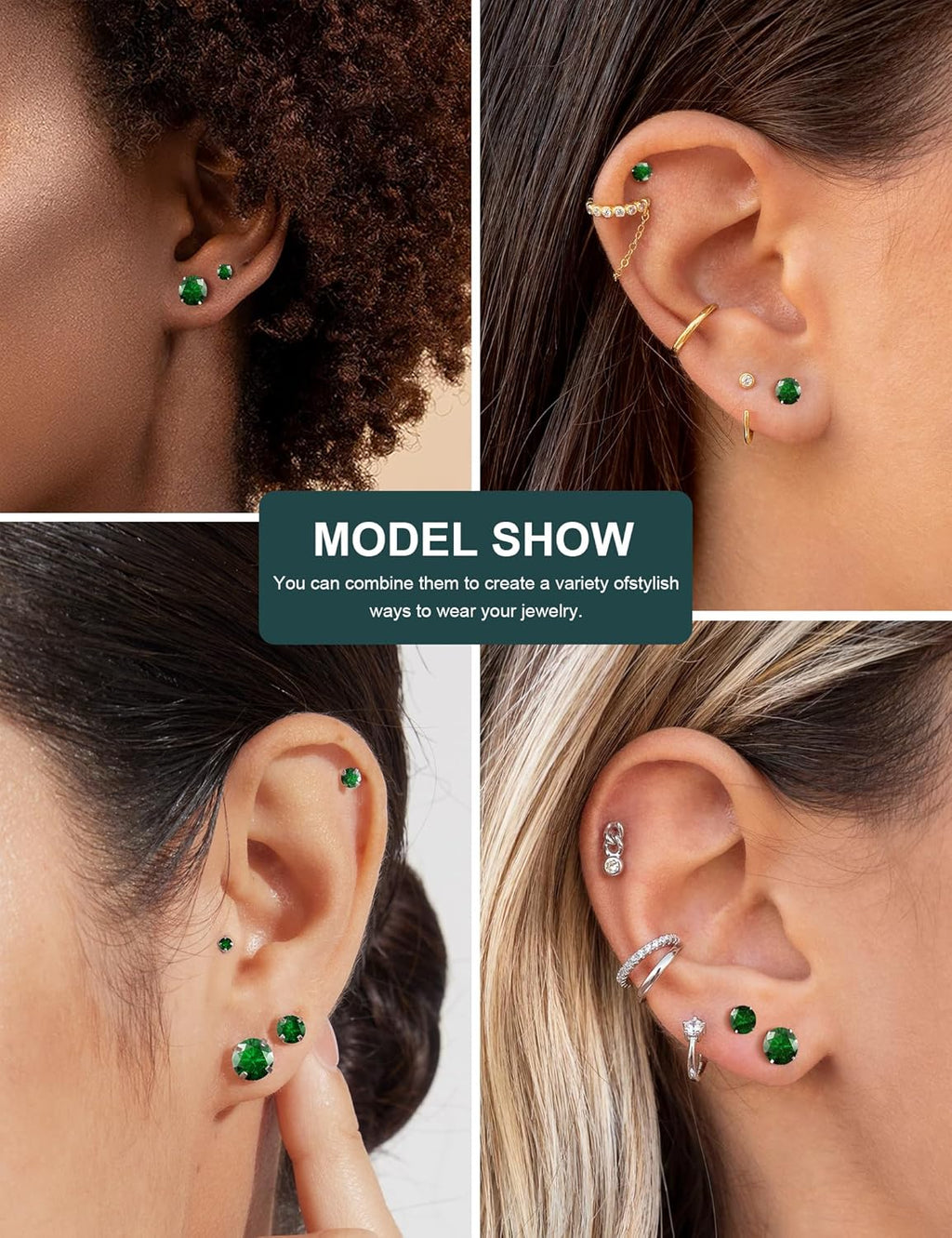 6 Pairs Stud Earrings Set, Hypoallergenic Cubic Zirconia 316L Earrings Stainless Steel CZ Earrings 3-8mm (Steel color)