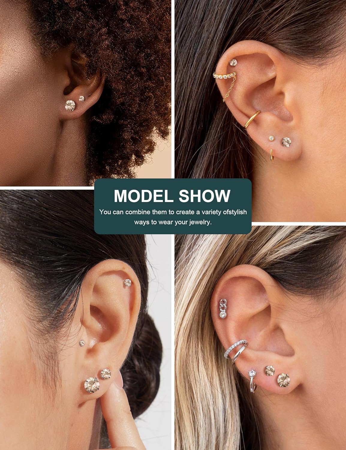 6 Pairs Stud Earrings Set, Hypoallergenic Cubic Zirconia 316L Earrings Stainless Steel CZ Earrings 3-8mm (Steel color)