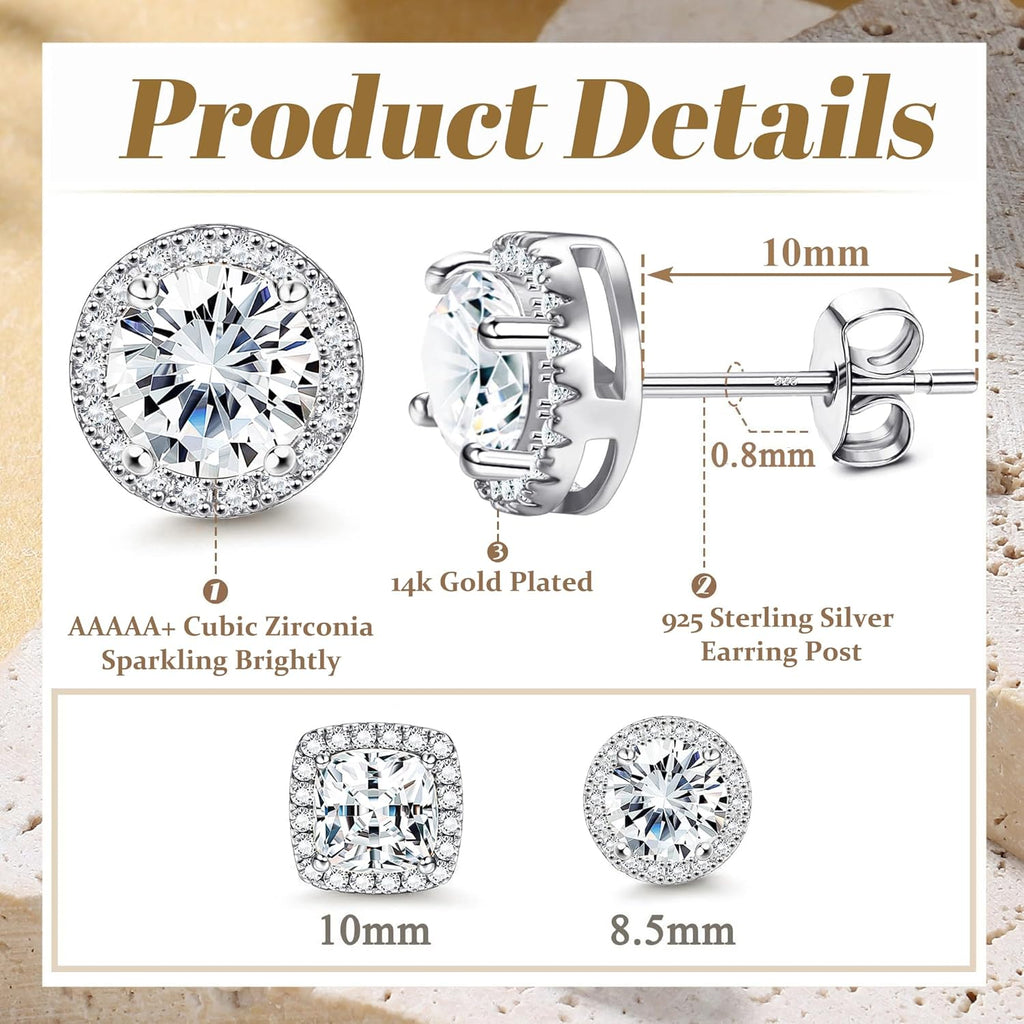 Hayoso 18K Gold Plated Halo Stud Earrings 925 Sterling Silver Cubic Zirconia Stud Earrings Round Square Diamonique Stud Earrings Set for Women Men