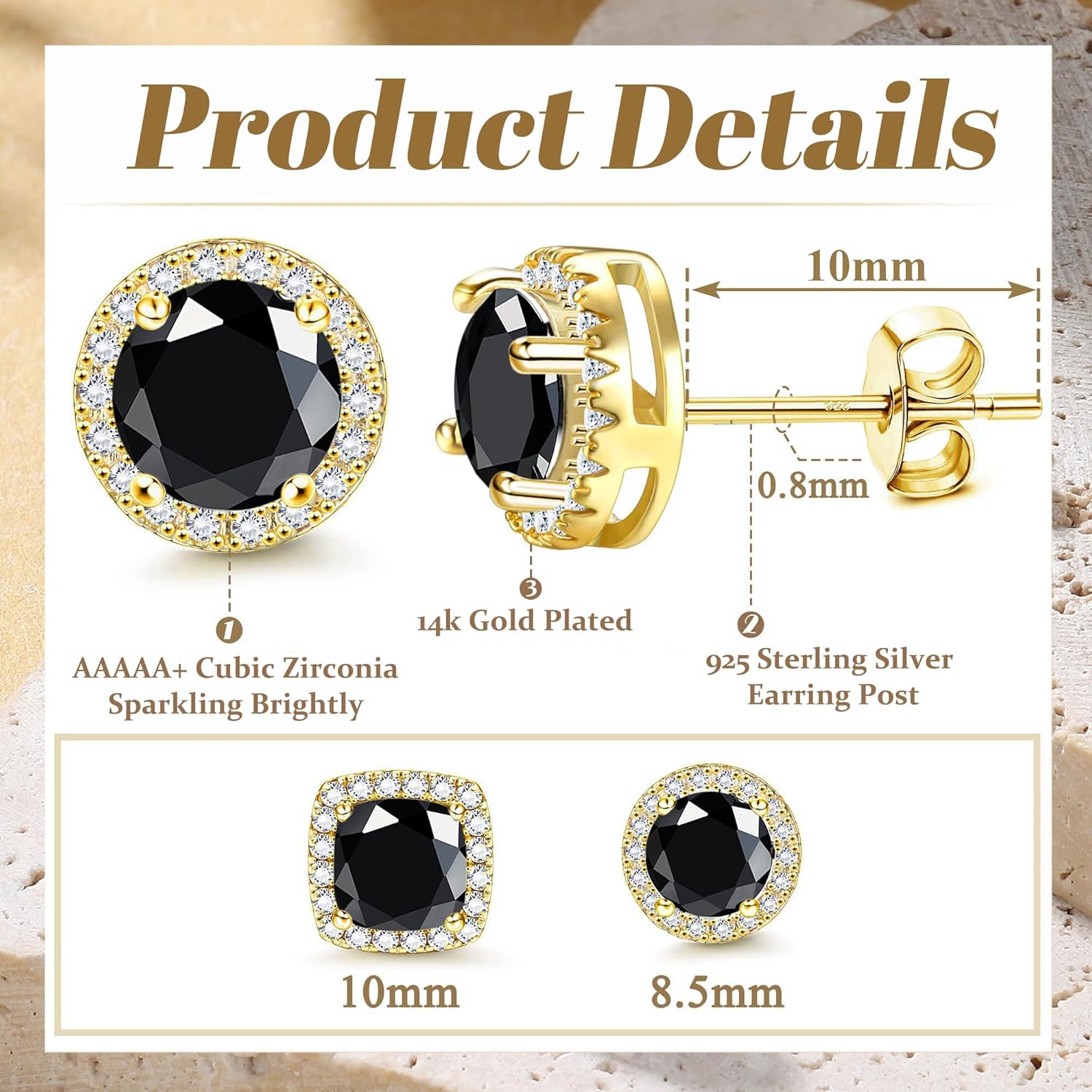 Hayoso 18K Gold Plated Halo Stud Earrings 925 Sterling Silver Cubic Zirconia Stud Earrings Round Square Diamonique Stud Earrings Set for Women Men