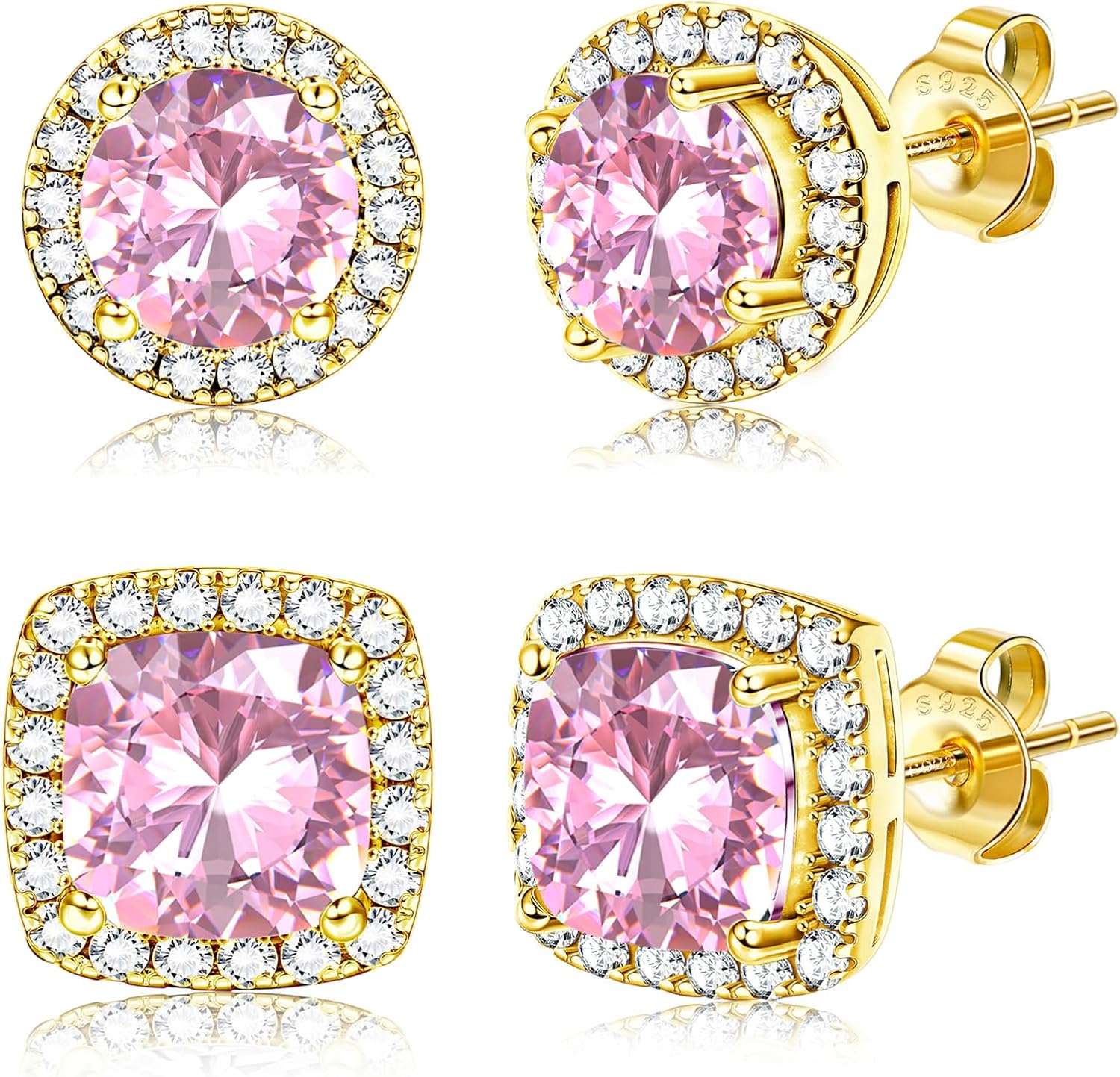 Hayoso 18K Gold Plated Halo Stud Earrings 925 Sterling Silver Cubic Zirconia Stud Earrings Round Square Diamonique Stud Earrings Set for Women Men