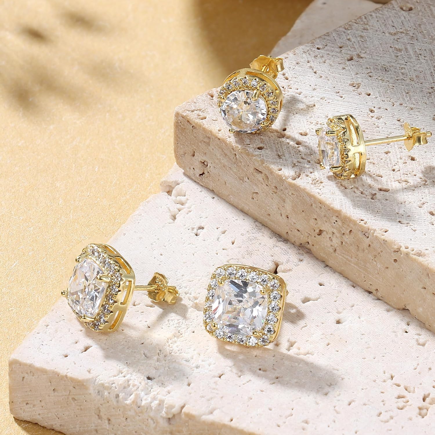 Hayoso 18K Gold Plated Halo Stud Earrings 925 Sterling Silver Cubic Zirconia Stud Earrings Round Square Diamonique Stud Earrings Set for Women Men