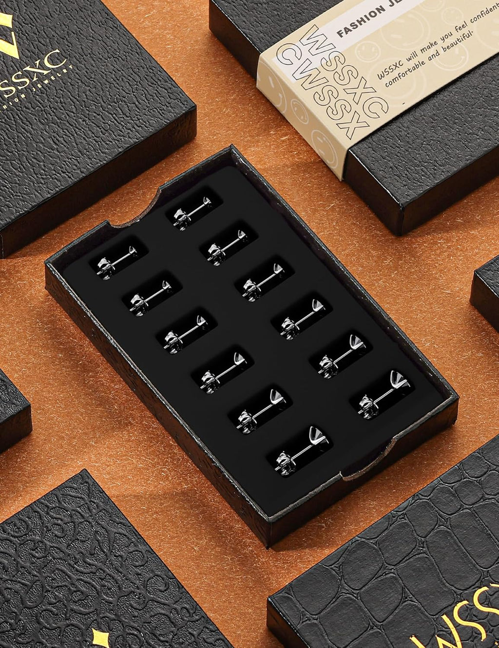 6 Pairs Stud Earrings Set, Hypoallergenic Cubic Zirconia 316L Earrings Stainless Steel CZ Earrings 3-8mm (Steel color)