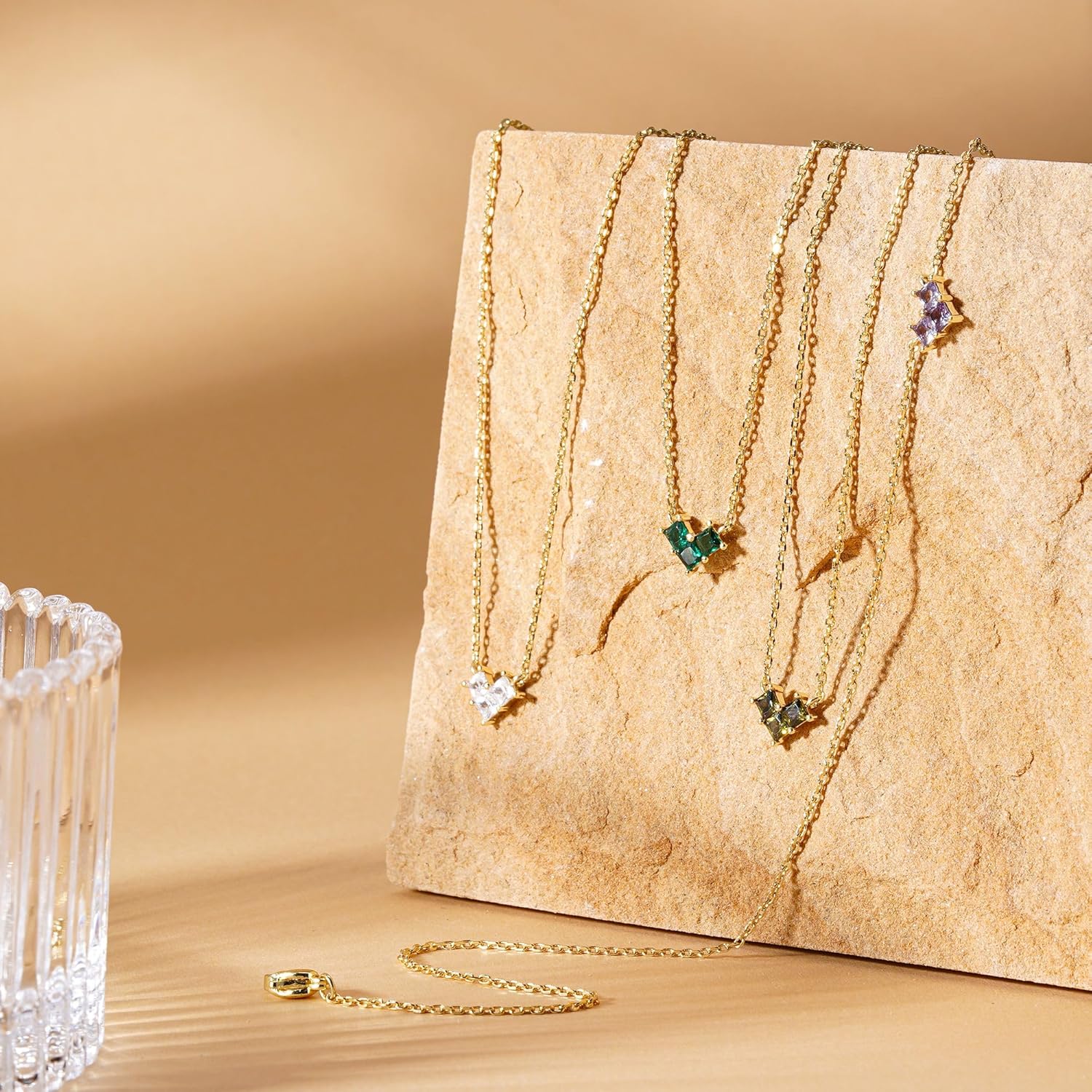 Turandoss Birthstone Necklaces for Women - Created 14K Gold Plated Blue Green Emerald Pendent Necklaces for Women Teen Girls 12 Month Dainty Heart Birthstone Jewelry Birthday Gifts