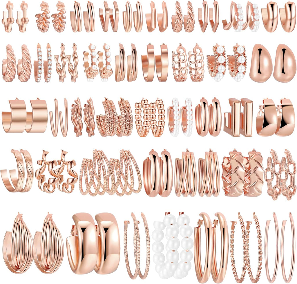42 Pairs Gold Hoop Earrings Set for Women, Fashion Chunky Pearl Earrings Multipack Twisted Statement Earring Pack, Hypoallergenic Small Big Hoops Earrings for Birthday Party