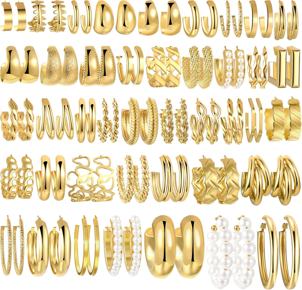 42 Pairs Gold Hoop Earrings Set for Women, Fashion Chunky Pearl Earrings Multipack Twisted Statement Earring Pack, Hypoallergenic Small Big Hoops Earrings for Birthday Party