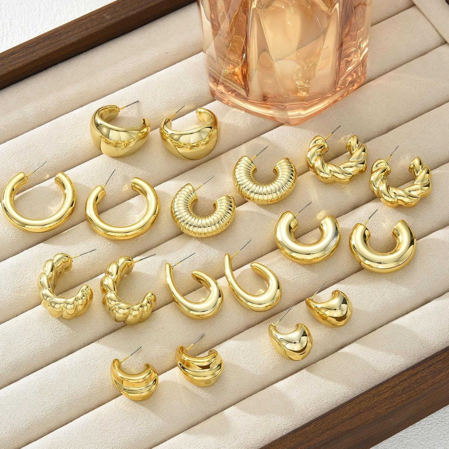 42 Pairs Gold Hoop Earrings Set for Women, Fashion Chunky Pearl Earrings Multipack Twisted Statement Earring Pack, Hypoallergenic Small Big Hoops Earrings for Birthday Party