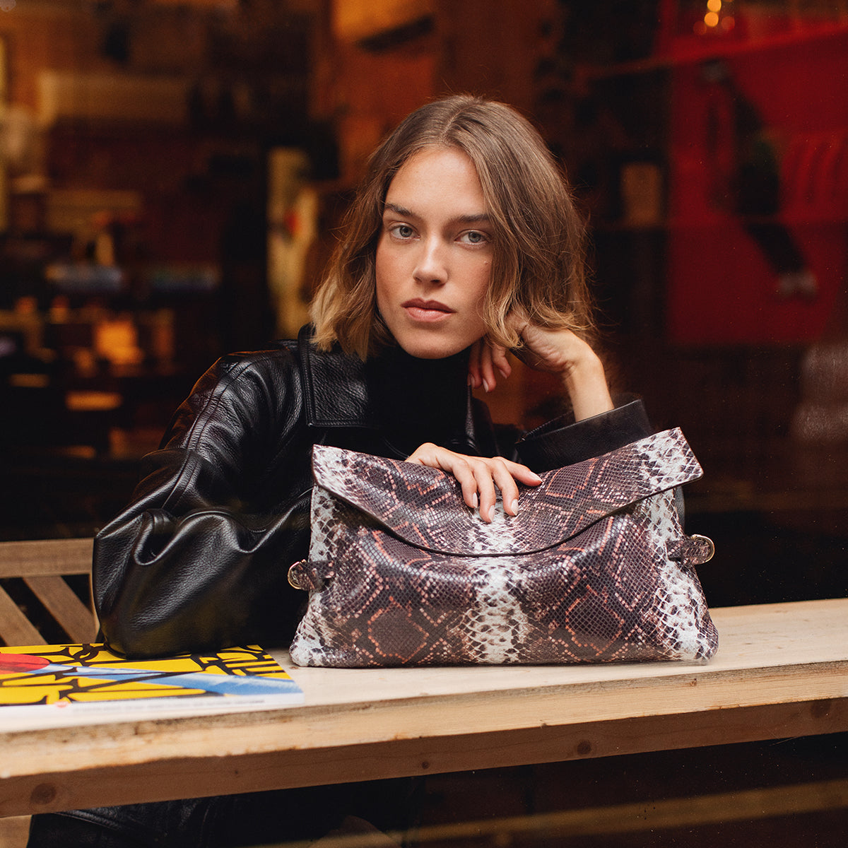 Fleet Street Leather Large Flapover Clutch Bag in Carmine - 112285