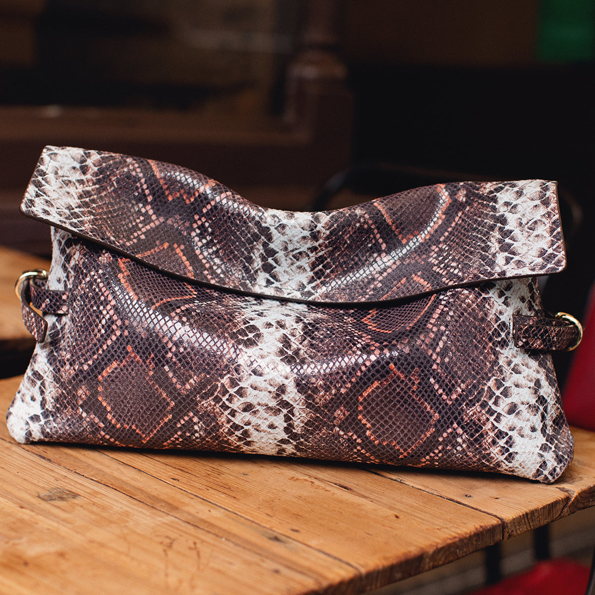 Fleet Street Leather Large Flapover Clutch Bag in Carmine - 112285